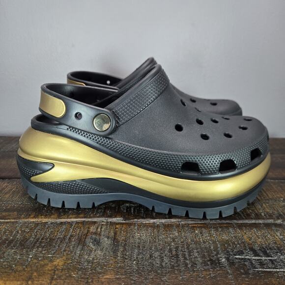 NEW Crocs Mega Crush Clog Womens Size 8 Rubber Shoes Gold Metallic Black - Picture 1 of 11